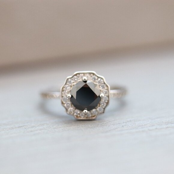 S925 1cttw Black Moissanite Diamond Flower Halo Style Engagement Ring Silver - Picture 1 of 6